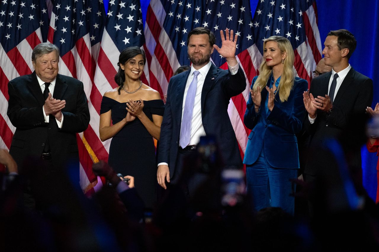 Republican vice presidential nominee JD Vance waves at the Palm Beach County Convention Center in West Palm Beach, Florida, on November 6, 2024.