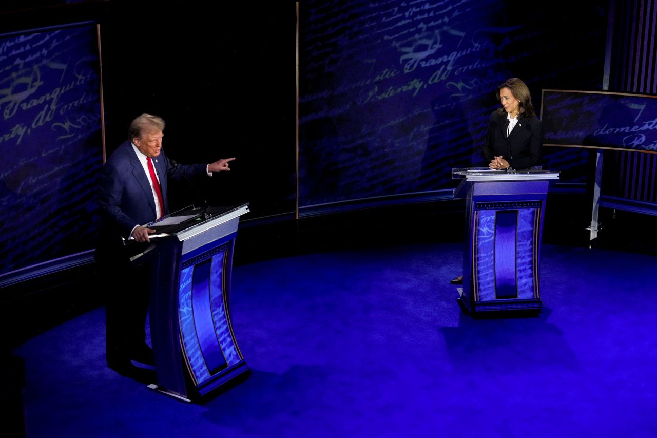 Vice President Kamala Harris, right, and former President Donald Trump during the second presidential debate at the Pennsylvania Convention Center in Philadelphia on Tuesday, September 10.