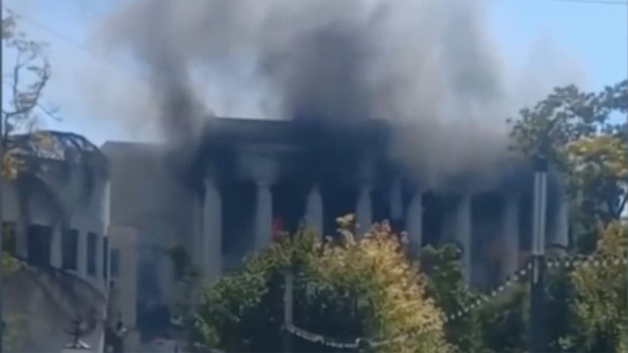 A screengrab from social media shows smoke billowing from the top of a building, alleged to be the Black Sea Fleet Headquarters, following a missile attack in Sevastopol on September 22.