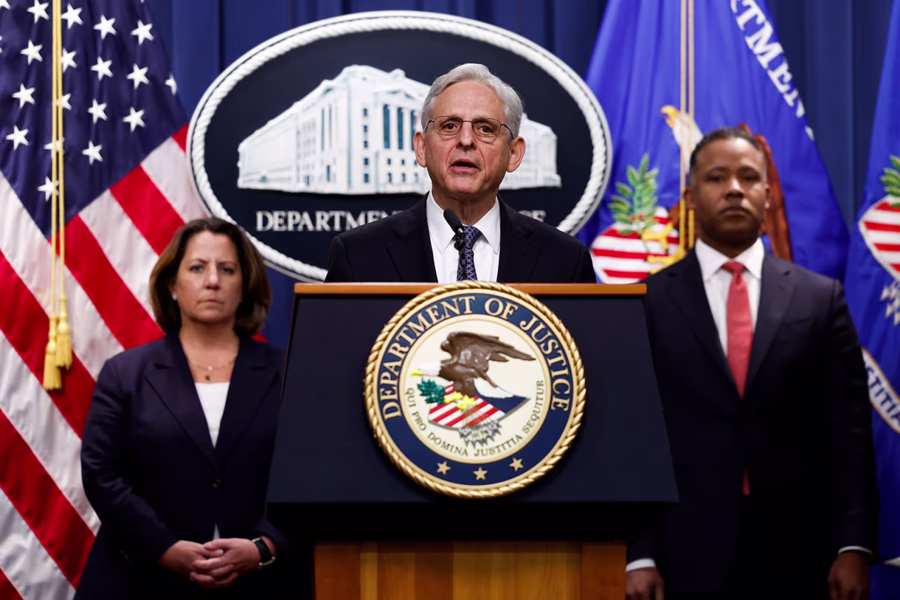 US Attorney General Merrick Garland delivers remarks at the Department of Justice on November 18. 