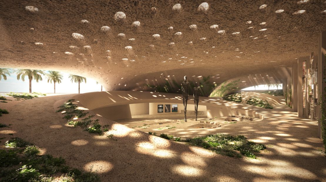 An "oasis" will be "hidden beneath a vast dune-like carapace at the foot of the tower," according to a press release.