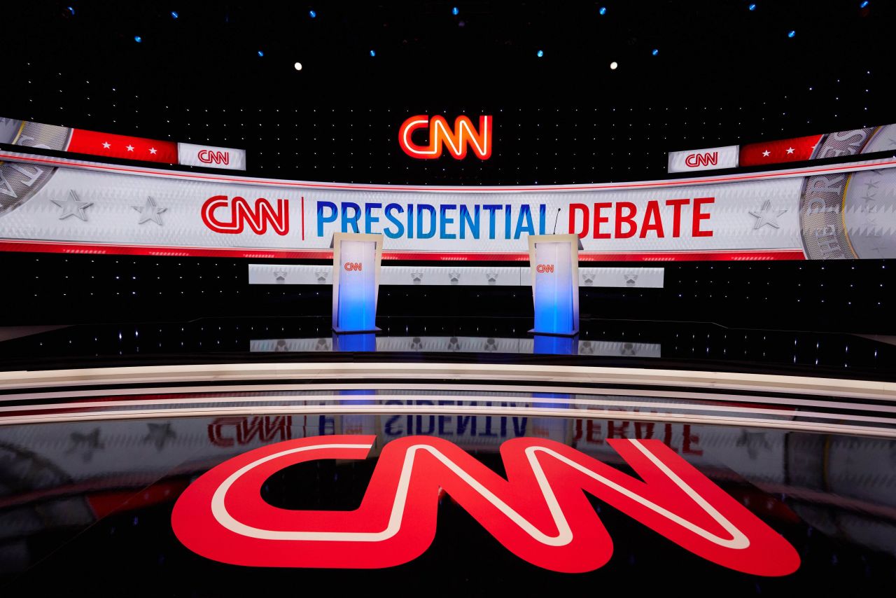 The debate stage ahead of the CNN presidential debate between President Joe Biden and former President Donald Trump in Atlanta on June 26.