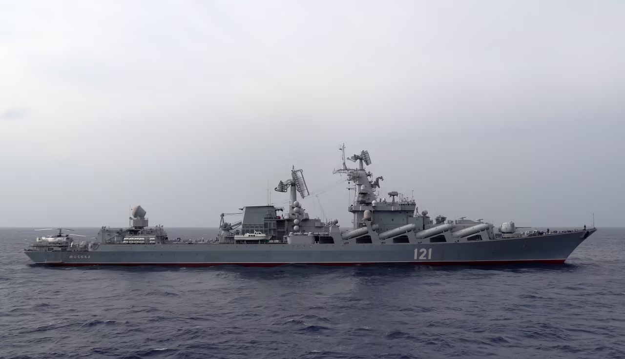 The Russian missile cruiser Moskva patrols in the Mediterranean Sea, off the coast of Syria, on December 17, 2015.