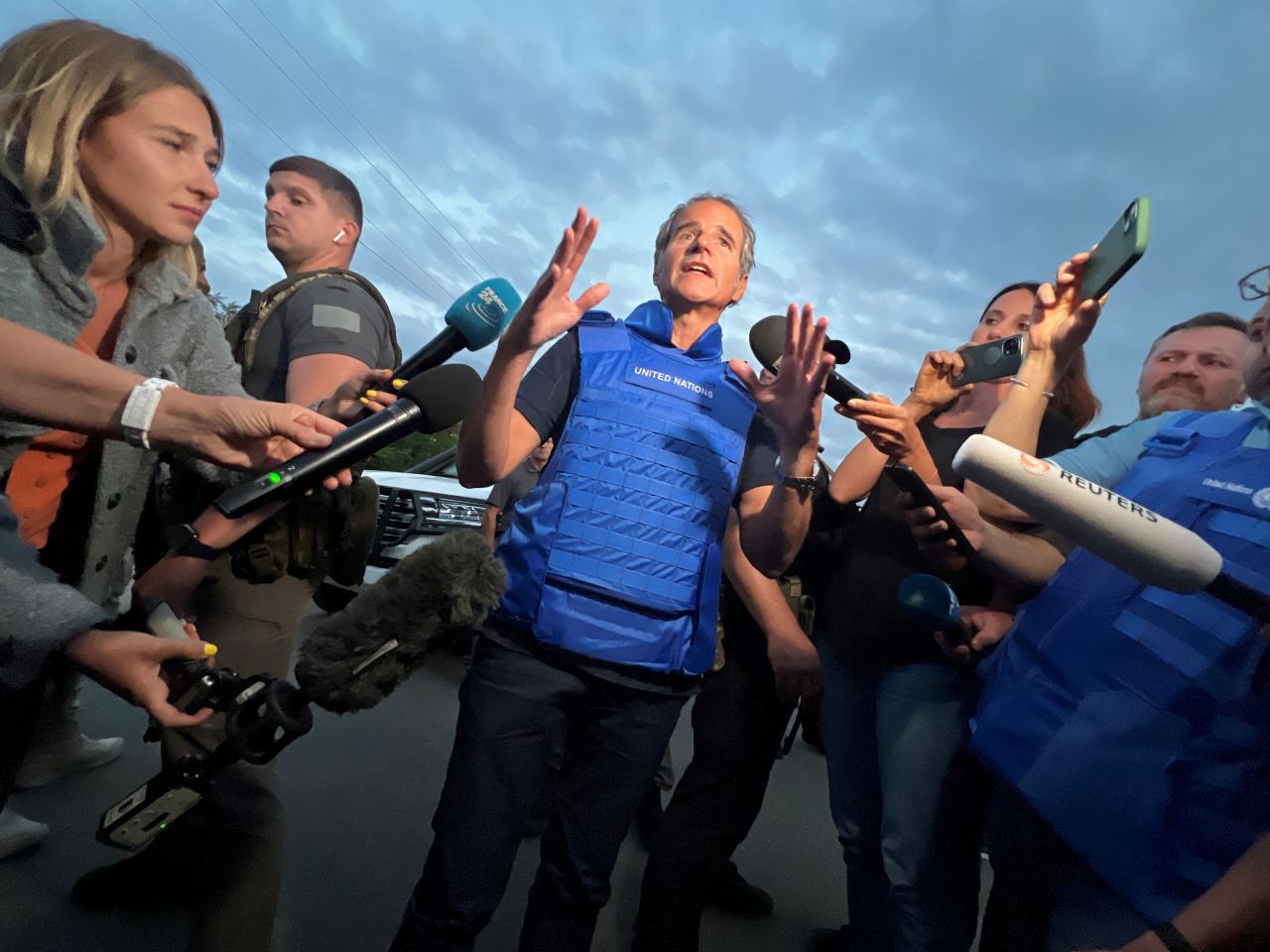 IAEA?Director General Rafael Mariano Grossi speaks with journalists at a Ukrainian checkpoint after a part of the International Atomic Energy Agency (IAEA) mission came back from a Zaporizhzhia nuclear power plant on September 1.