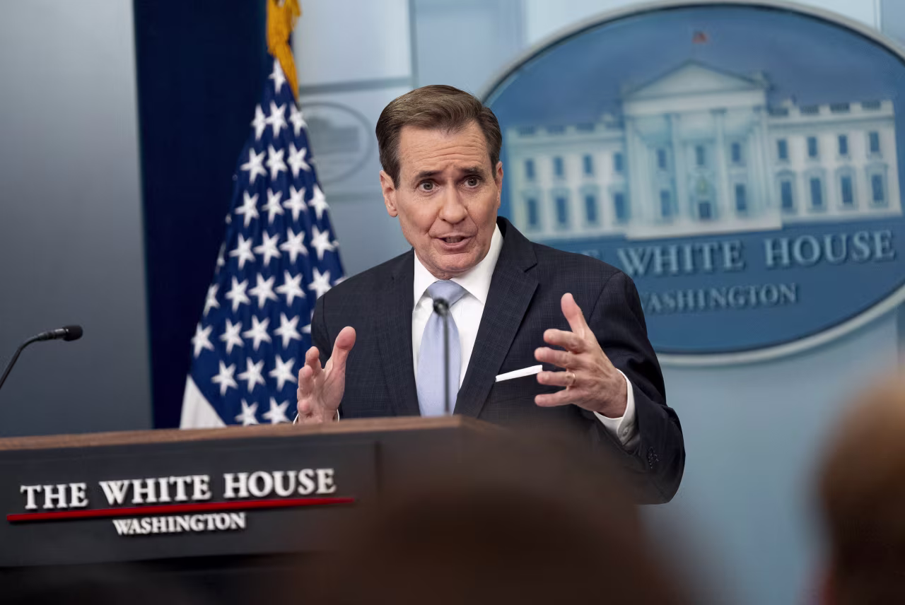 White House national security communications adviser John Kirby speaks during a press briefing at the White House in Washington, DC, on Monday.
