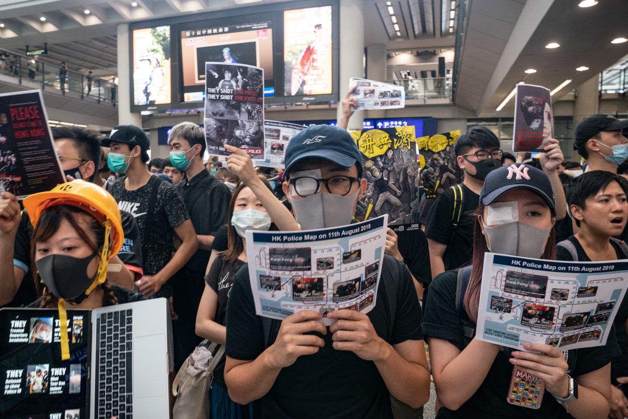 Protesters occupy the arrival hall of the Hong Kong International Airport during a demonstration on August 12.