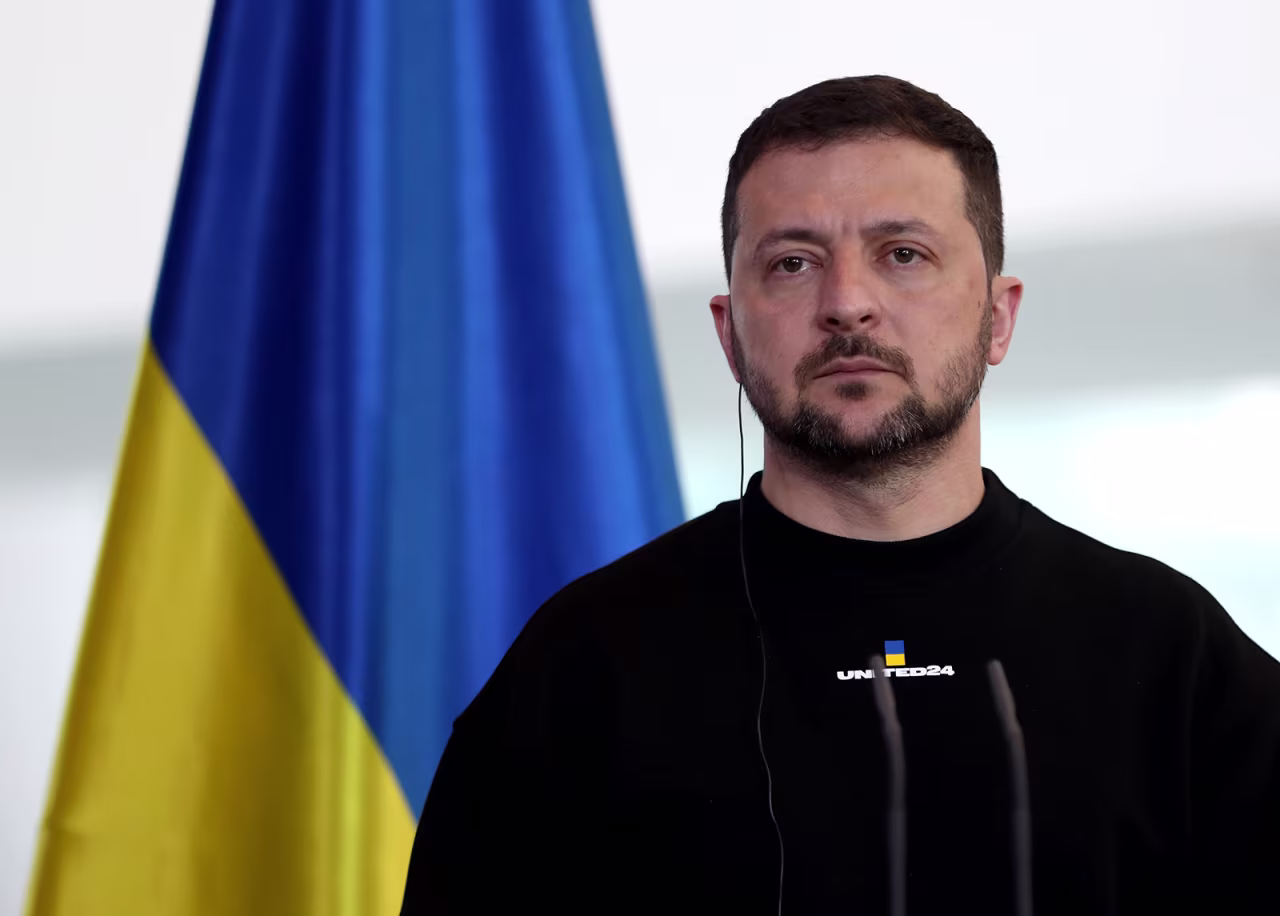 Ukrainian President Volodymyr Zelensky speaks at a press conference in Berlin, Germany, on May 14. 