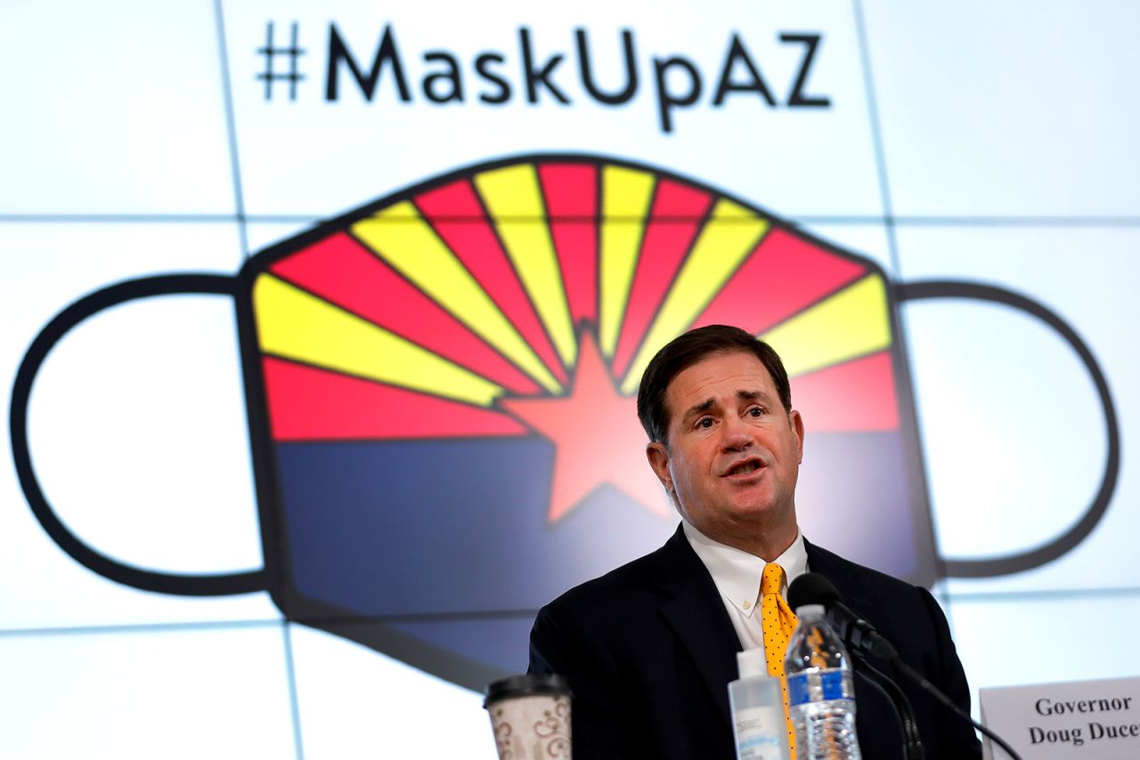 Arizona Gov. Doug Ducey gives an update on the state's efforts to combat the coronavirus pandemic at a press conference in Phoenix on Thursday, July 23.