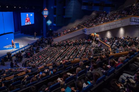 Prime Minister Liz Truss delivering her keynote speech at the Conservative Party annual conference at the International Convention Centre in Birmingham, England, on October 5.