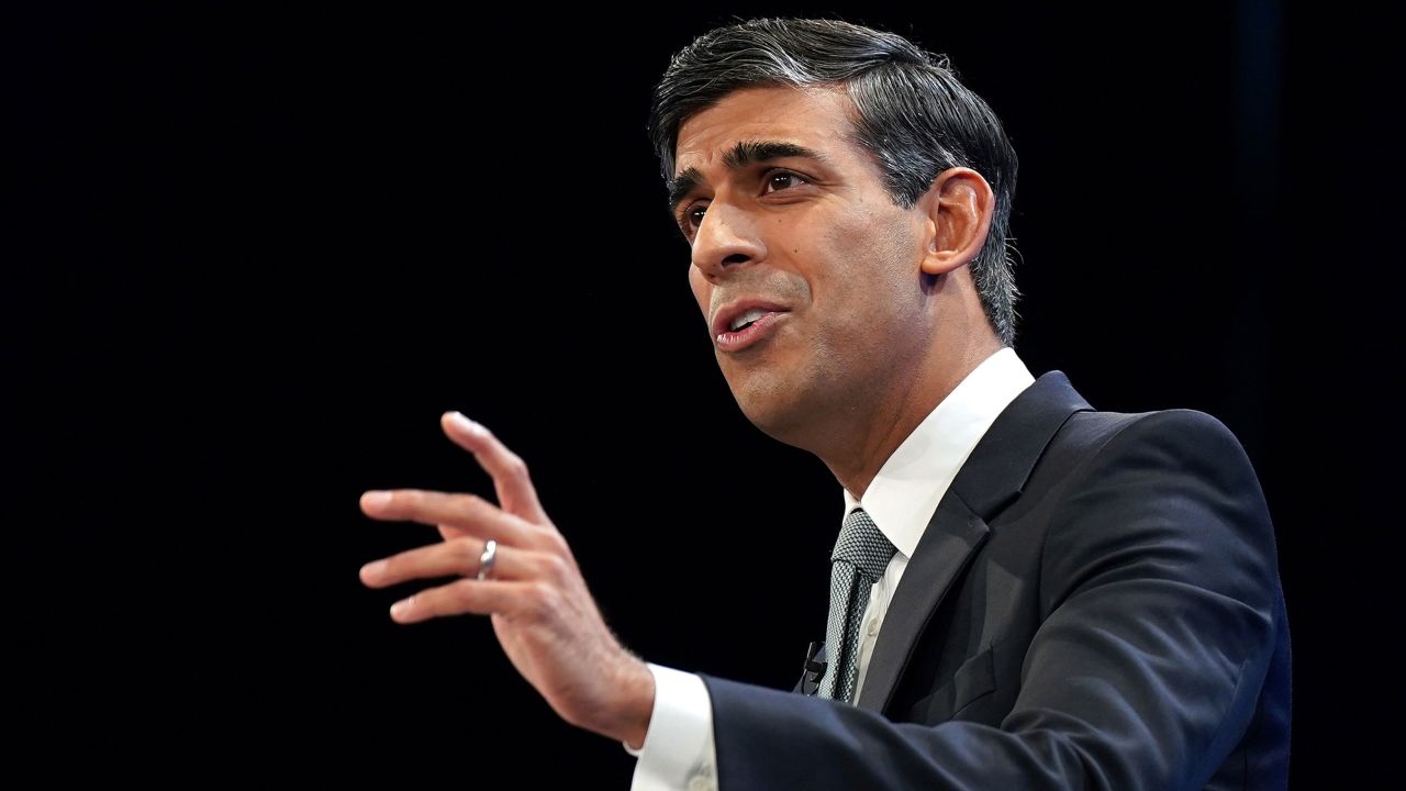 Prime Minister Rishi Sunak gestures as he speaks during the final day of the Conservative Party Conference on October 4, in Manchester, England. 