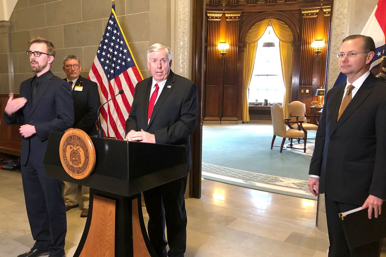 Missouri Gov. Mike Parson speaks on March 18.