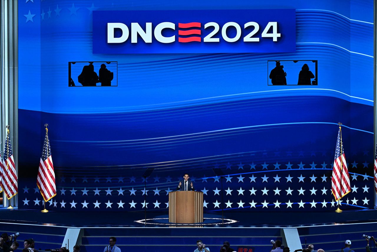 Carlos Eduardo Espina on stage during the DNC on Wednesday, August 21, in Chicago.