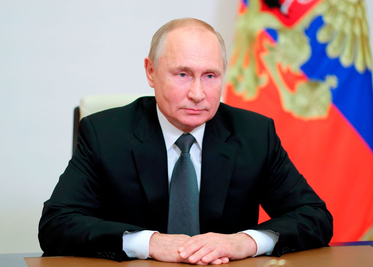 Russia's President Vladimir Putin addresses COP26 participants via video at the Novo-Ogaryovo residence outside Moscow on November 2.