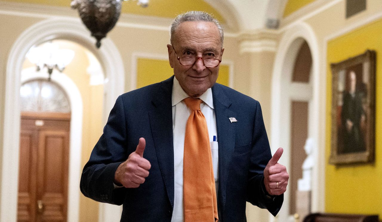 Senate Majority Leader Chuck Schumer gives a thumbs up after voting on the continuing resolution passed by the House earlier in the day on Capitol Hill in Washington, DC on September 30, 2023. 