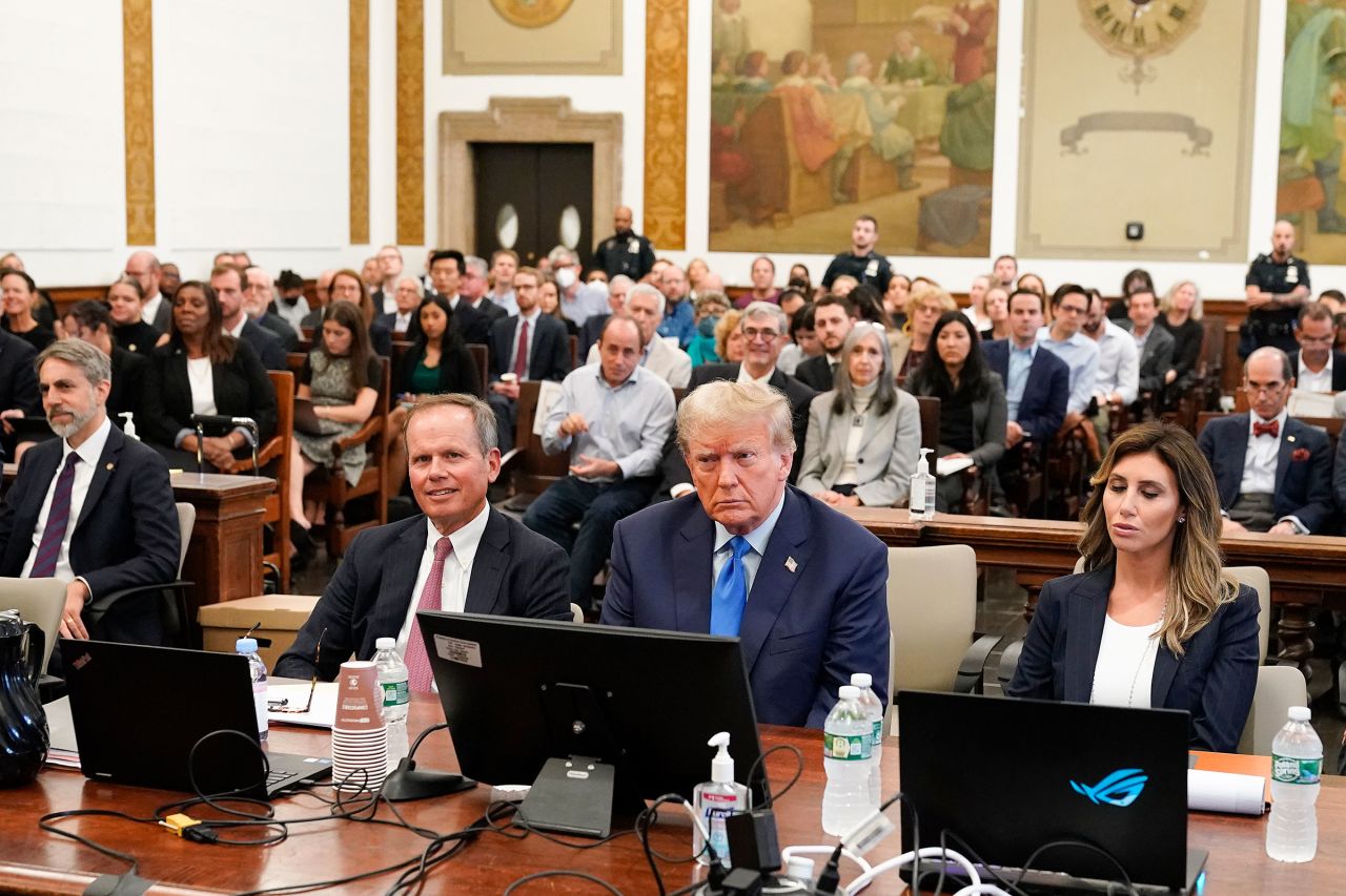 Former President Donald Trump, center, sits in the courtroom at New York Supreme Court, Monday, Oct. 2, 2023, in New York. 