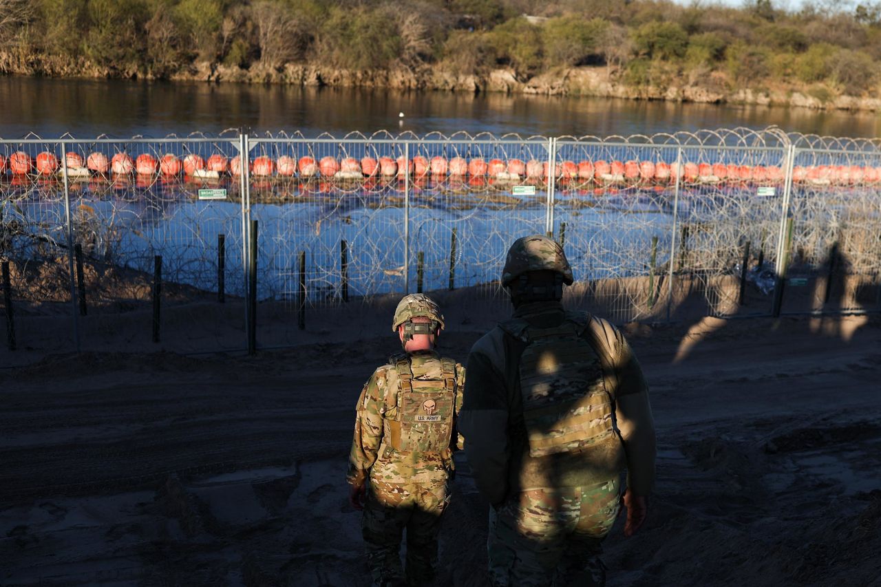 US Army soldiers patrol the US-Mexico border at Eagle Pass, Texas, on January 24, 2025.