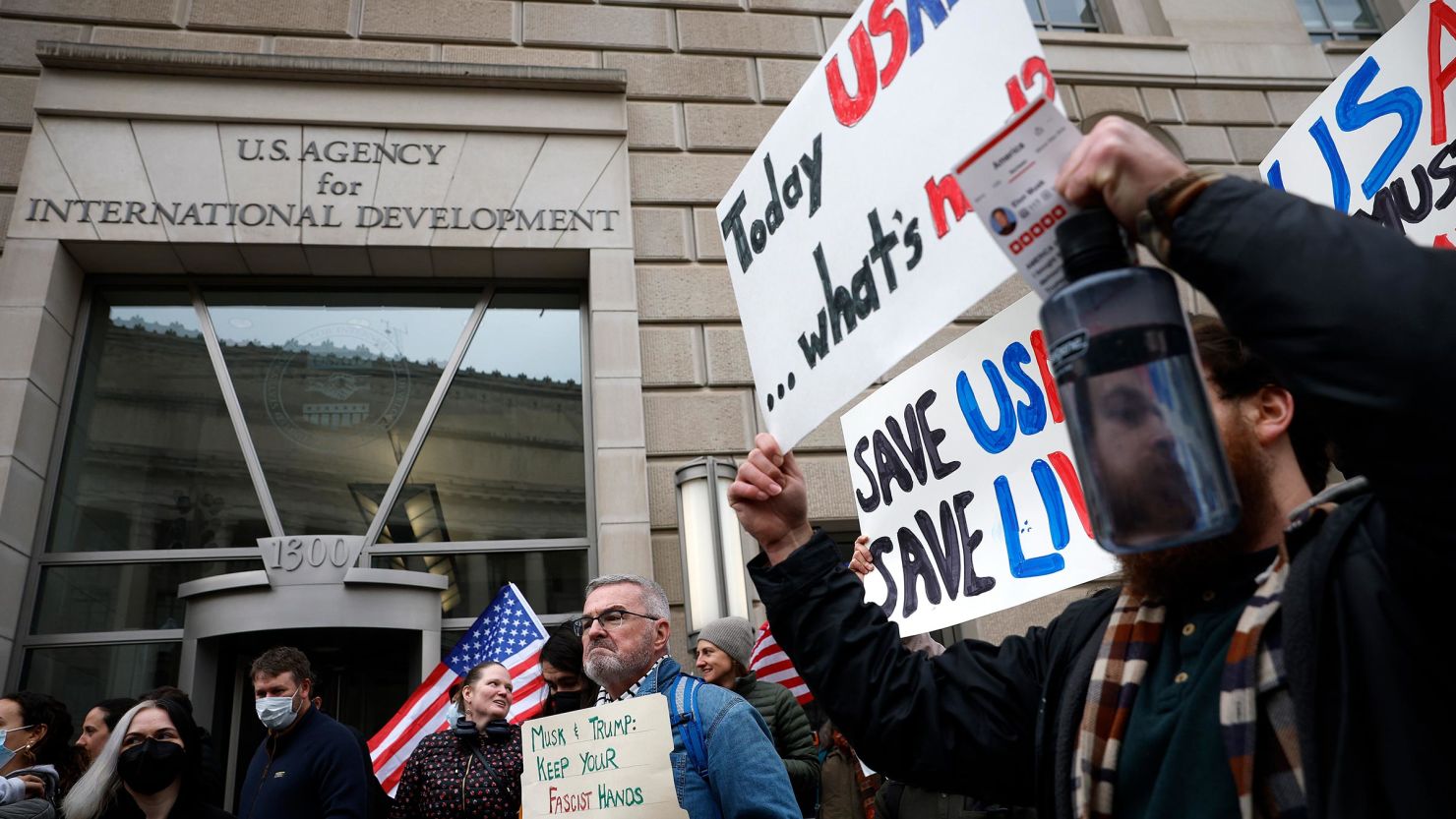Employees and supporters gather to protest outside of the U.S. Agency for International Development (USAID) headquarters on February 3, 2025 in Washington, DC. 