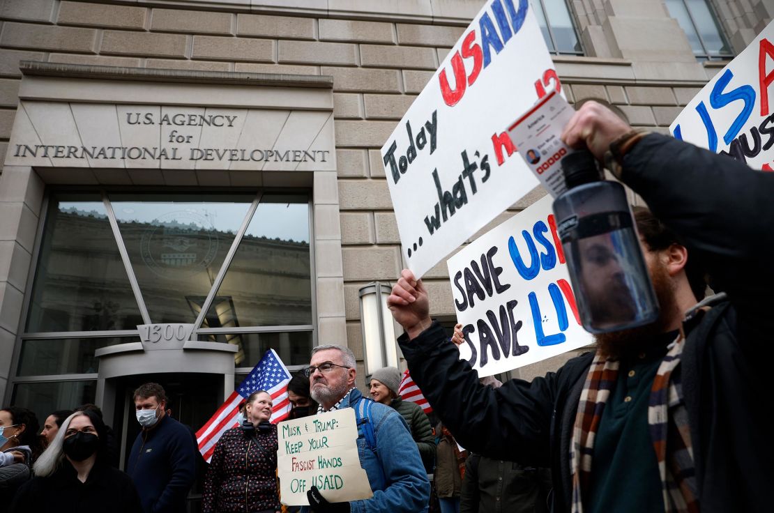 Employees and supporters gather to protest outside of the U.S. Agency for International Development (USAID) headquarters on February 3, 2025 in Washington, DC. 