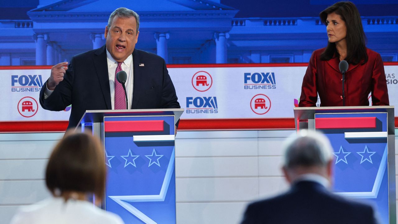 Former New Jersey Gov. Chris Christie speaks as former South Carolina Gov. Nikki Haley listens during the second Republican candidates' debate of the 2024 US presidential campaign at the Ronald Reagan Presidential Library in Simi Valley, California, on Wednesday, September 27, 2023.