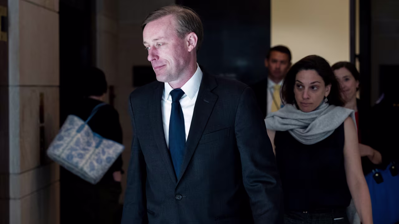 White House national security adviser Jake Sullivan leaves after a briefing for US senators at the Capitol building on September 7.