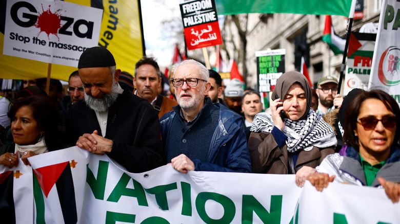 Former Labour Party leader Jeremy Corbyn, center, joins pro-Palestinian activists in protest calling for a ceasefire between Israel and Hamas, in central London on March 30, 2024. Corbyn won the Islington North constituency as an independent during the July 4, 2024 election.