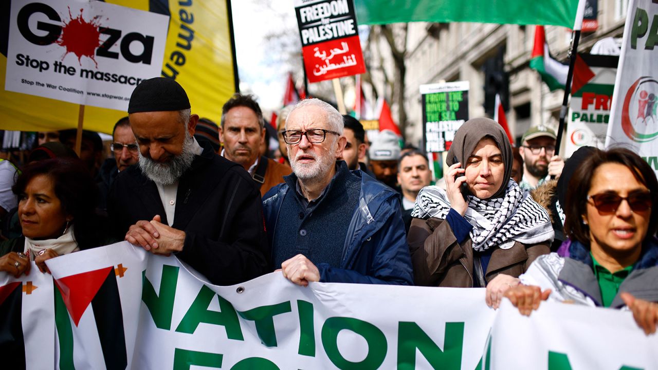 Former Labour Party leader Jeremy Corbyn, center, joins pro-Palestinian activists in protest calling for a ceasefire between Israel and Hamas, in central London on March 30. Corbyn won the Islington North constituency as an independent during the July 4 election.