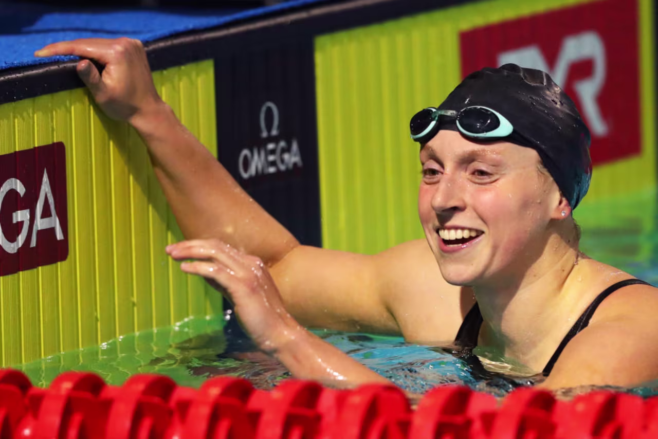Katie Ledecky reacts after winning at the TYR Pro Swim Series at Des Moines, Iowa, on March 6.