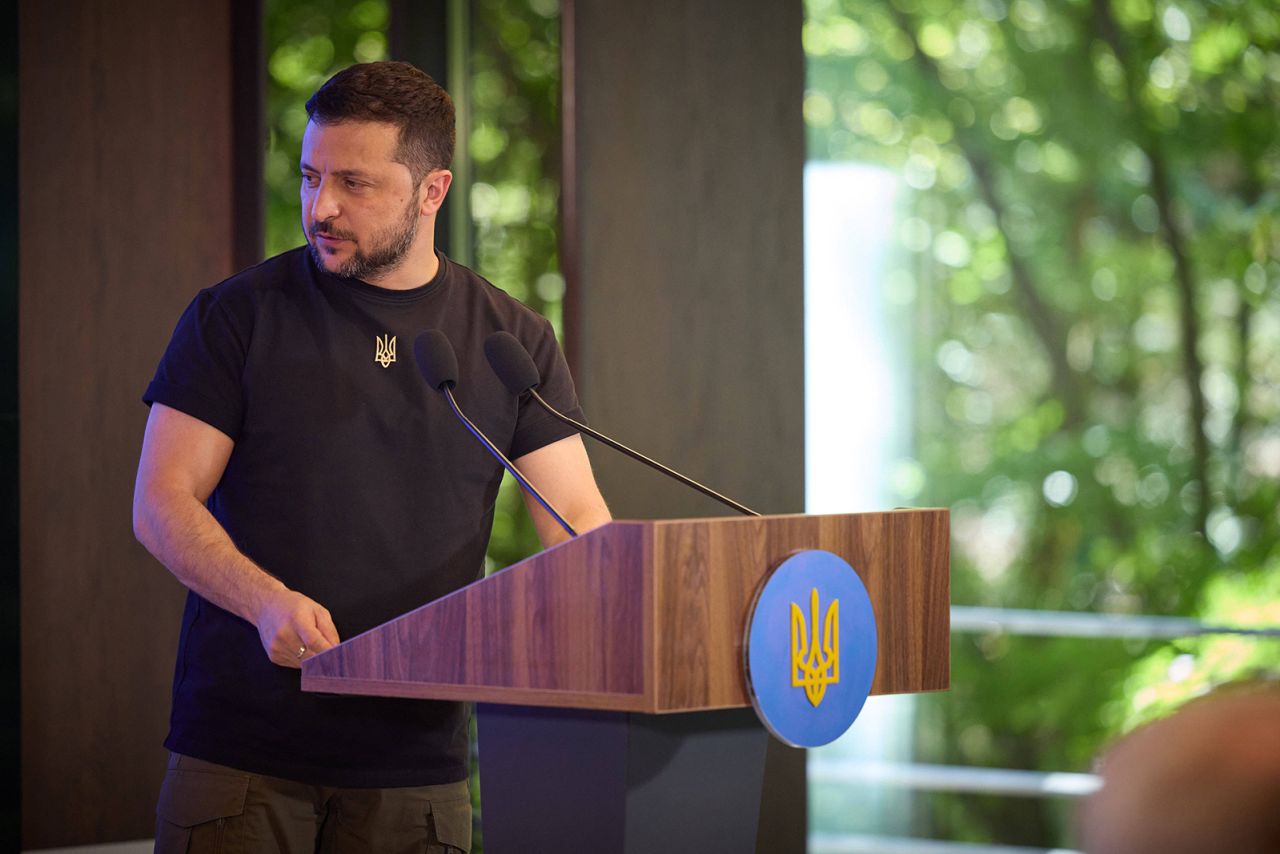 Volodymyr Zelensky talks during his visit in Zakarpattia, Ukraine on August 2.