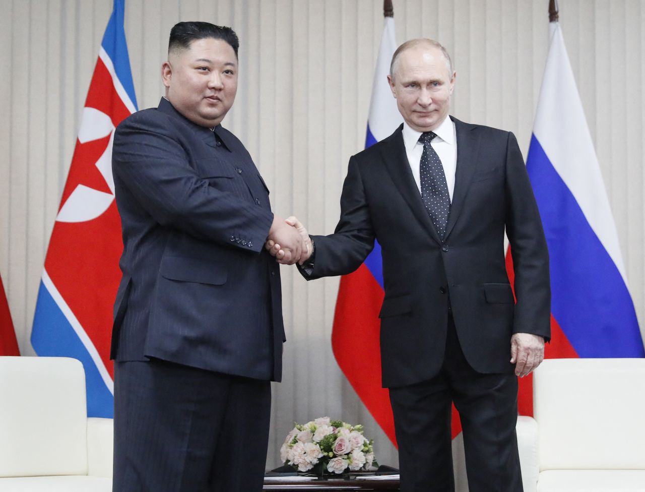 Russian President Vladimir Putin meets with North Korean leader Kim Jong Un on Russky island in the far-eastern Russian port of Vladivostok on April 25, 2019. 