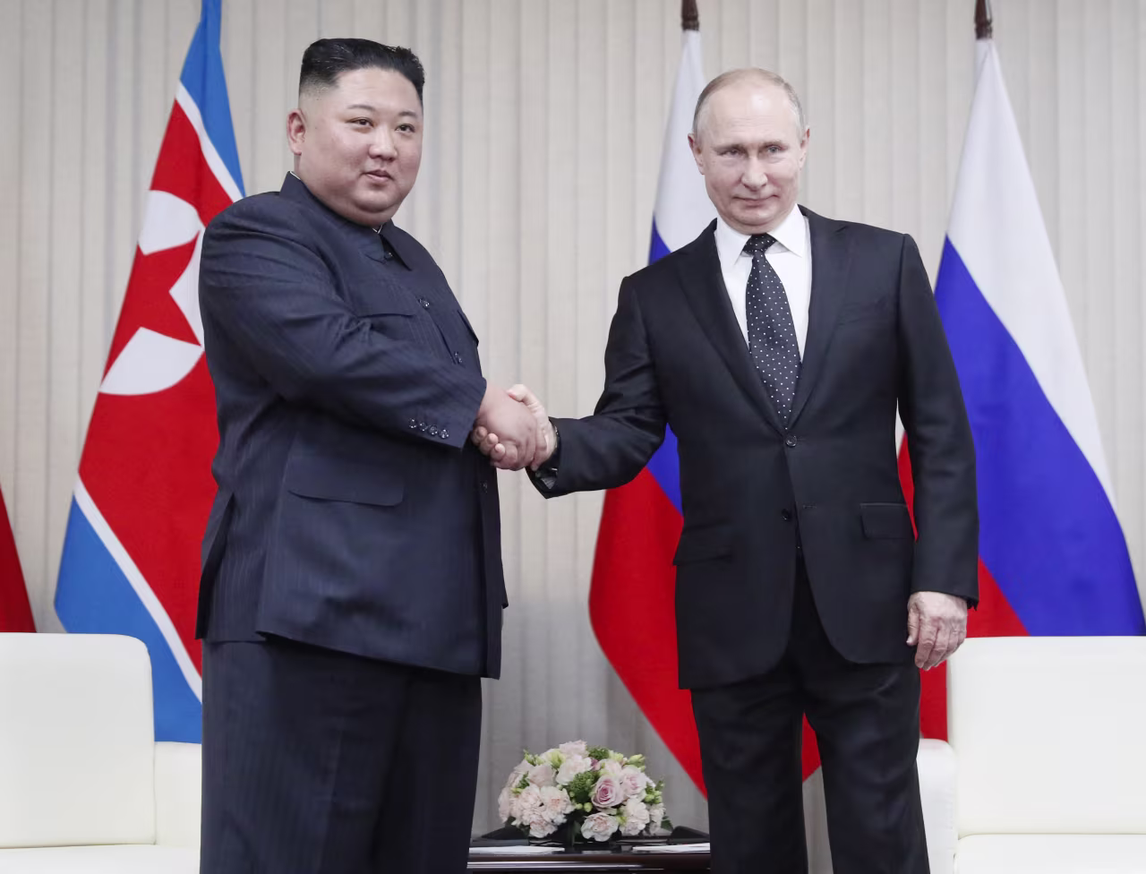 Russian President Vladimir Putin meets with North Korean leader Kim Jong Un on Russky island in the far-eastern Russian port of Vladivostok on April 25, 2019. 