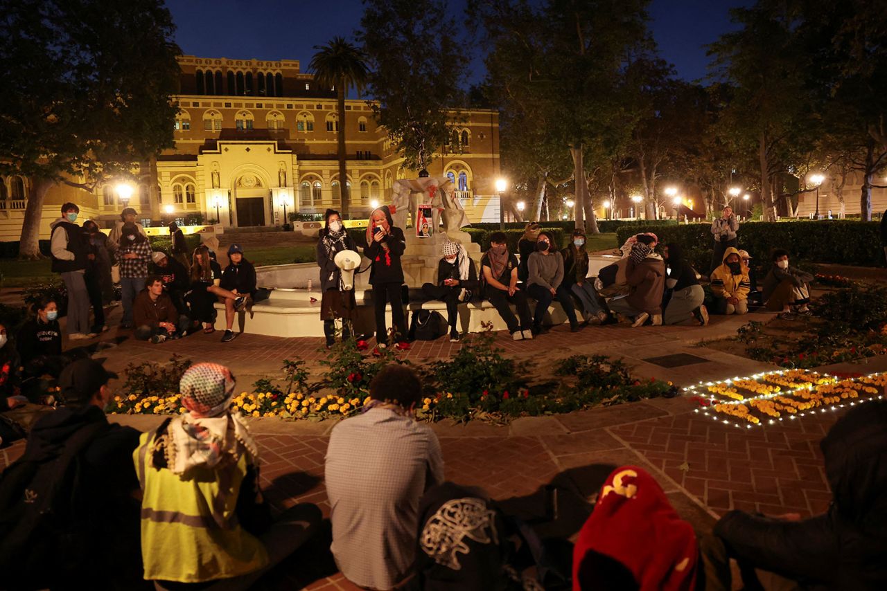 People protest at the University of Southern California in Los Angeles on April 27. 