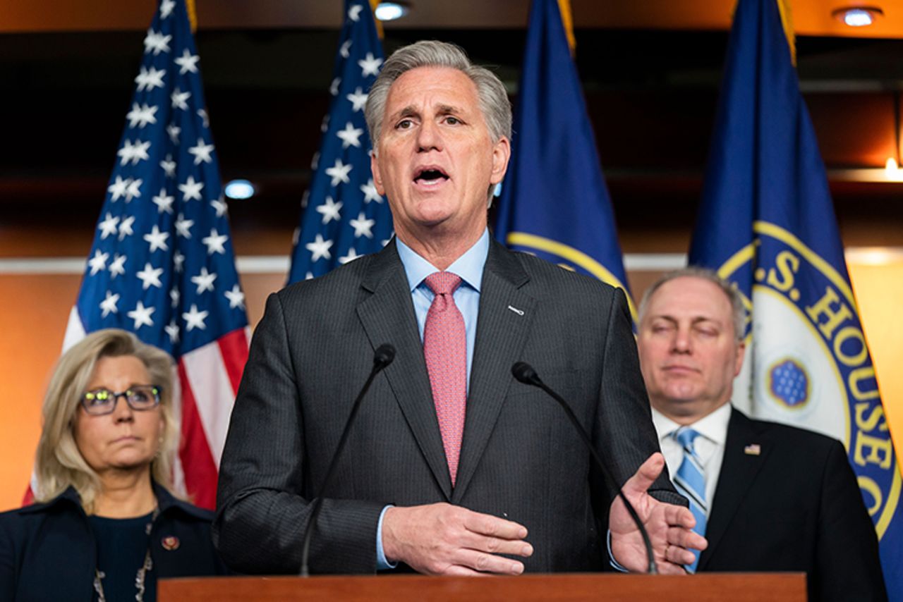 Republican House Minority Leader Kevin McCarthy speaks at a press conference about President Trump's State of the Union speech in the US Capitol on Wednesday, February 5. 