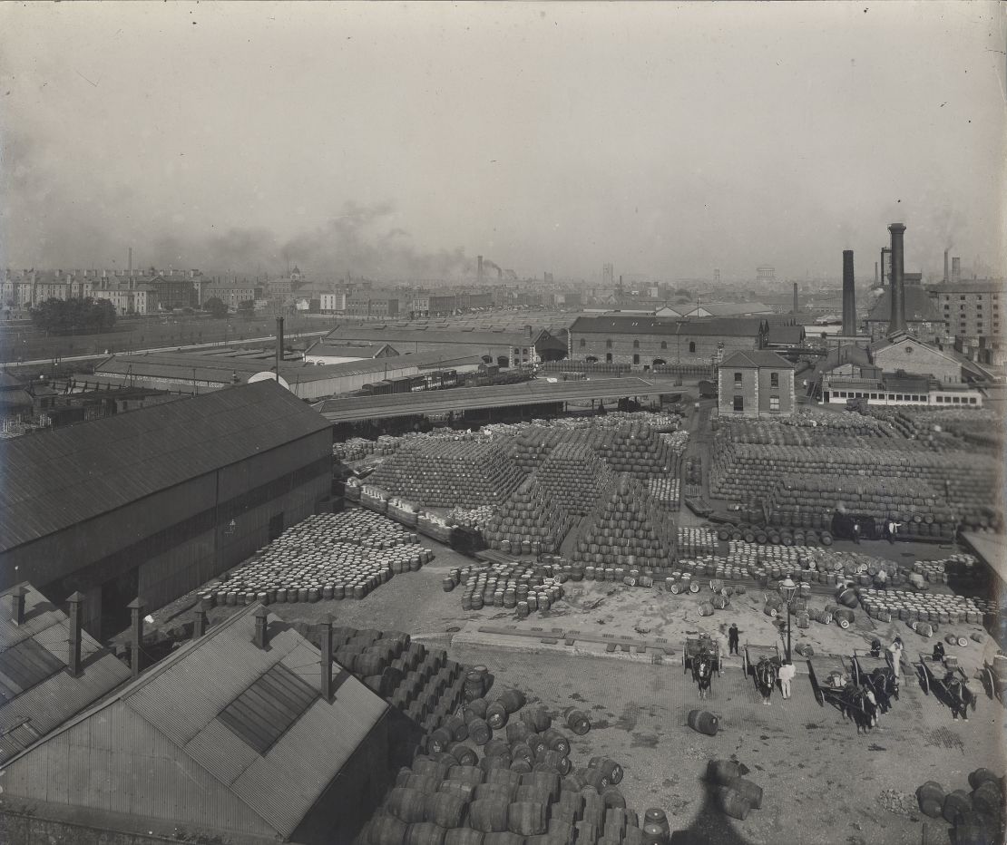This archival photo of the St. James's Gate Brewery shows a view of the cask yard in the early 20th century.