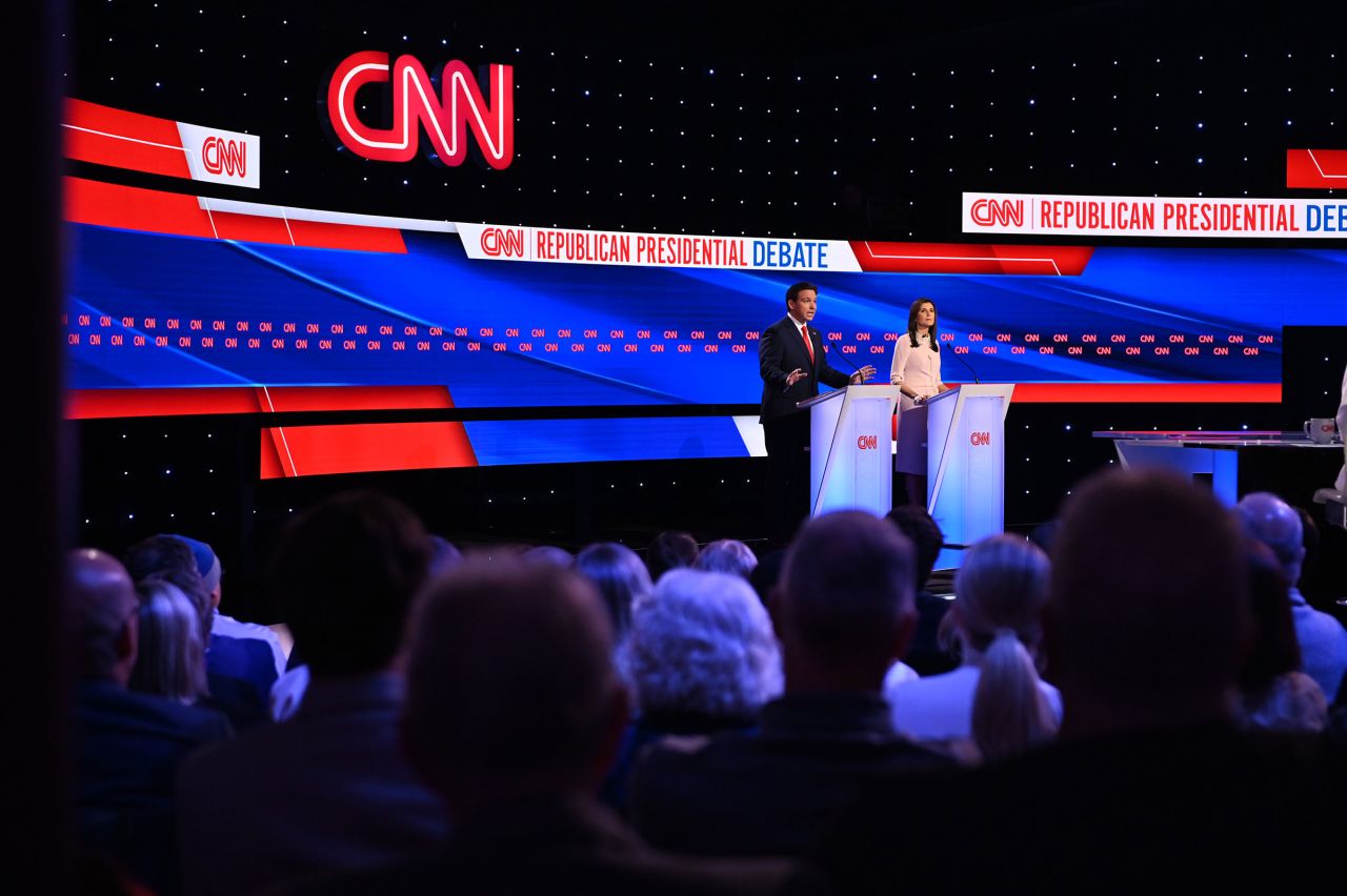 Former South Carolina Gov. Nikki Haley and Florida Gov. Ron DeSantis participate in a CNN Republican Presidential Debate at Drake University in Des Moines, Iowa, on January 10.