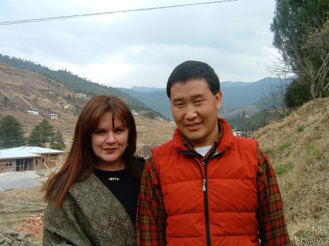 Namgay and Linda above their house in Lungtenphu, Thimphu, in 2004.