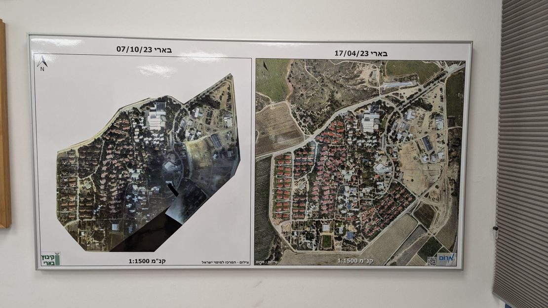 Aerial photographs show Kibbutz Be'eri after the October 7 attack, left, and as it was before.