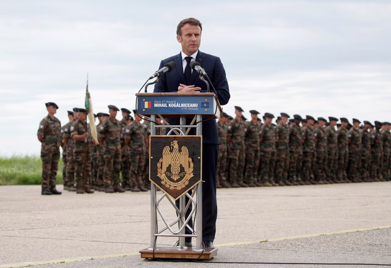French President Emmanuel Macron delivers a speech at the Mihail Kogalniceanu Air Base near Constanta, Romania, on Wednesday, June 15.
