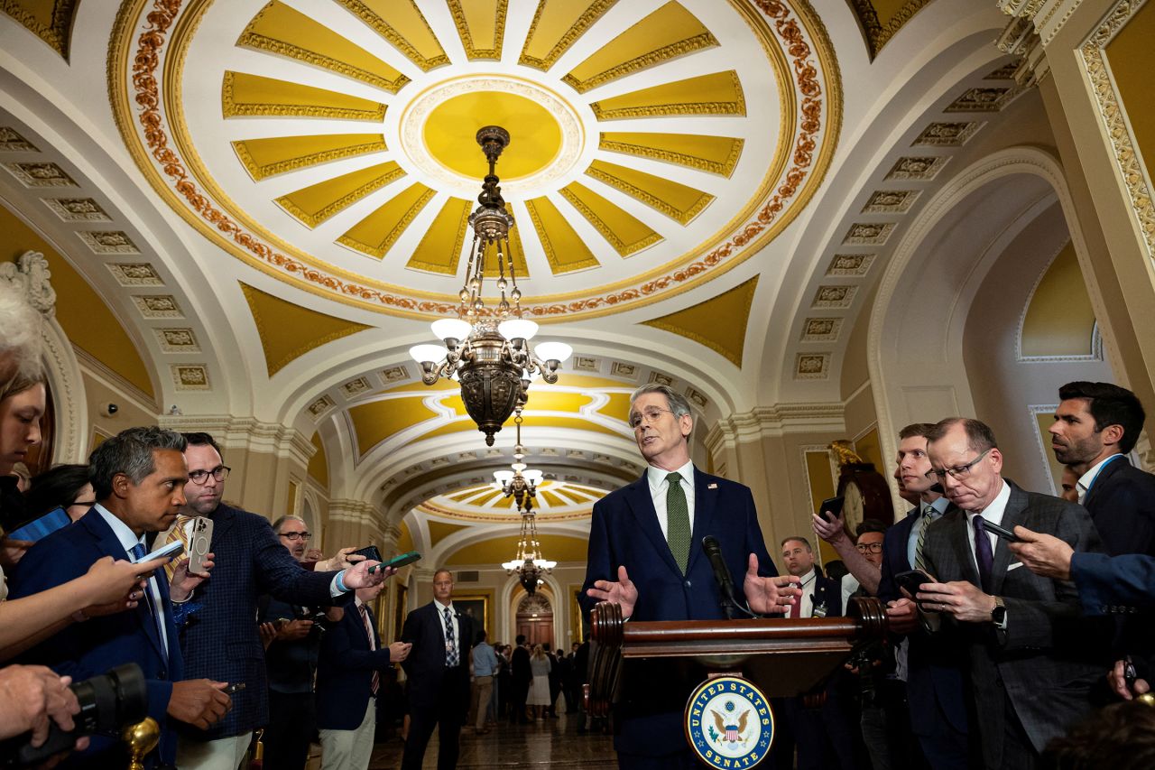 Treasury Secretary Scott Bessent speaks to reporters during a press conference following a weekly policy luncheon on Capitol Hill in Washington, DC, on June 24.
