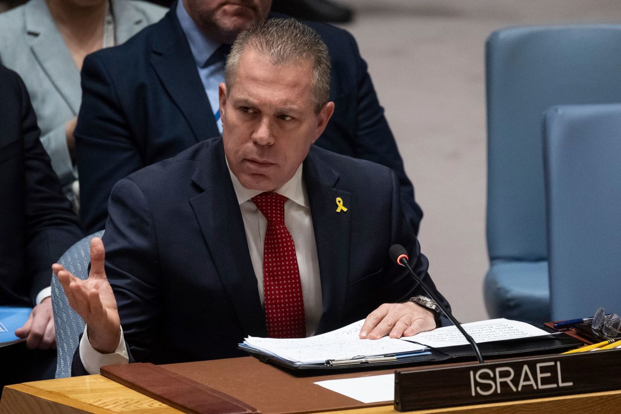 Israel's Ambassador to the United Nations Gilad Erdan speaks during a Security Council meeting at the United Nations headquarters in April.