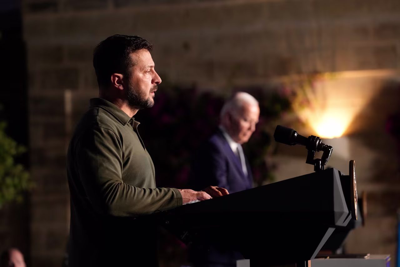 Zelenskyy speaks tot the media after signing a bilateral security agreement on the sidelines of the G7 on Thursday, June 13.