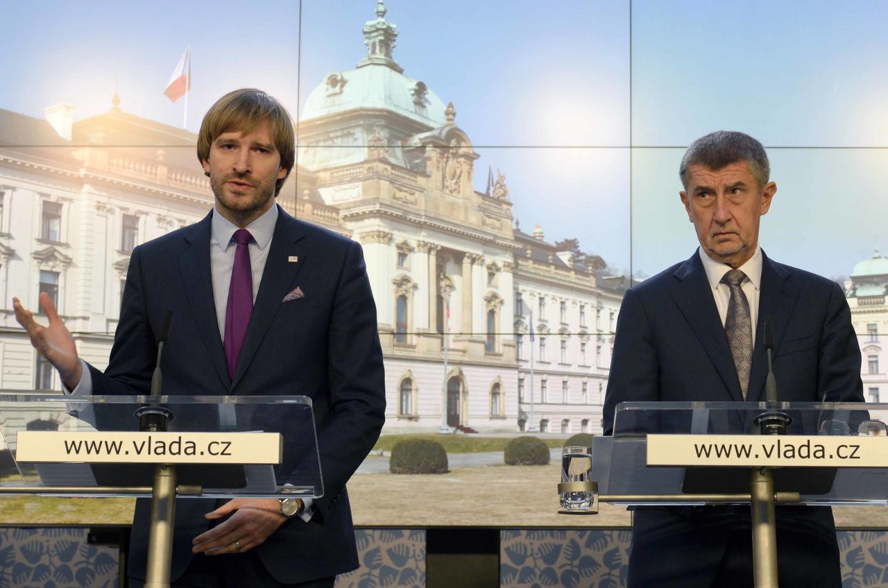 Czech Health Minister Adam Vojtech, left, and Prime Minister Andrej Babis speak at a press conference in Prague, Czech Republic, on Tuesday.