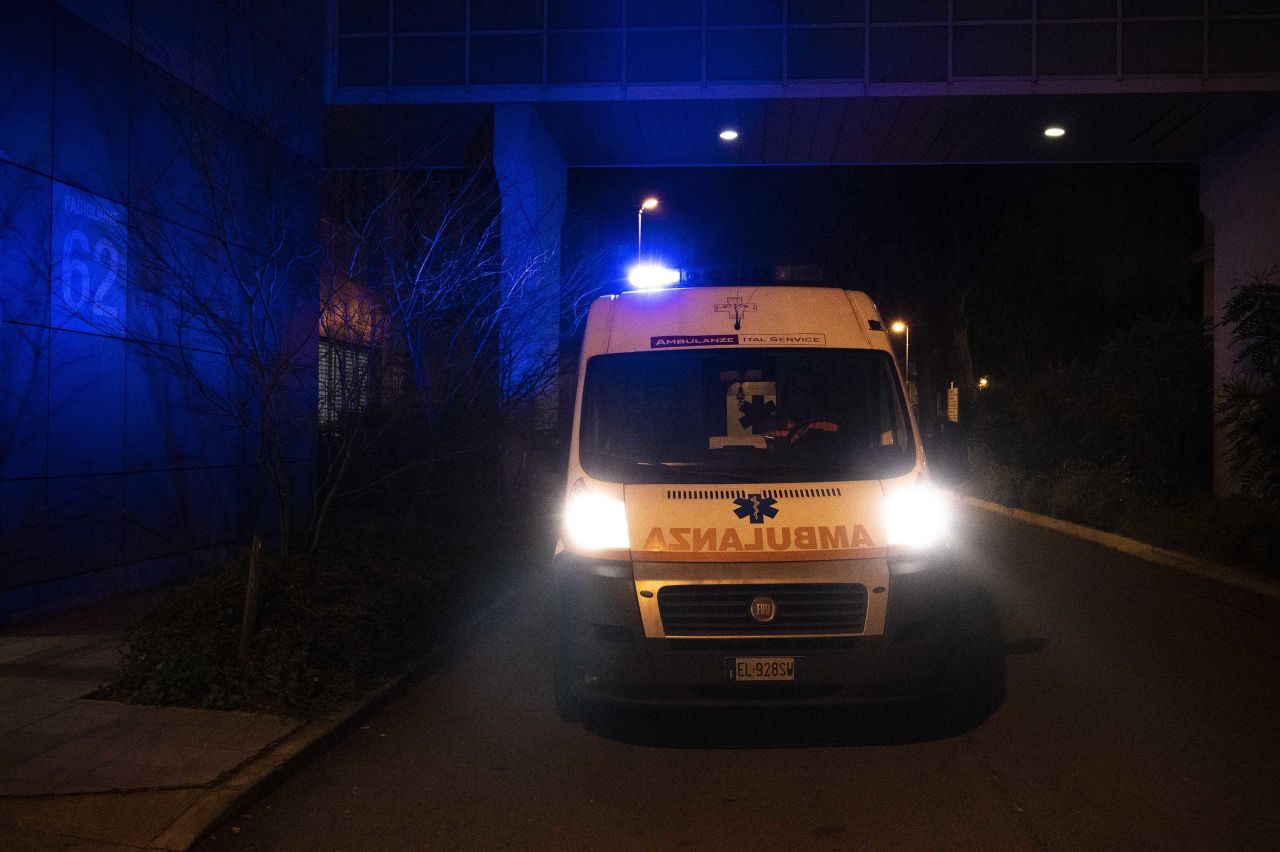 An ambulance waits in front of a medical laboratory in Milan on February 22.