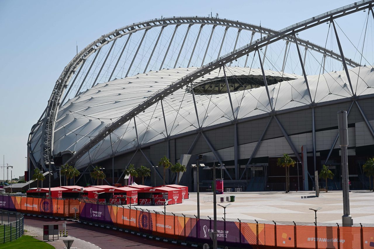 Budweiser beer kiosks are pictured at the Khalifa International Stadium in Doha on November 18, 2022, ahead of the Qatar 2022 World Cup football tournament.
