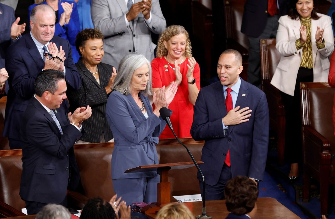 House Democratic Leader Hakeem Jeffries is flanked by Rep. Katherine Clark and House Democratic Caucus Chair Pete Aguilar after he was nominated to be the next Speaker of the House on Friday.