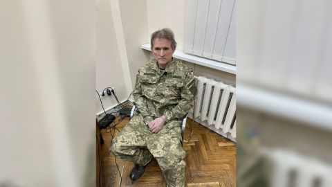 Viktor Medvedchuk, a pro-Russian Ukrainian politician and oligarch sits in a chair with his hands cuffed after a "special operation." was carried out in Ukraine on April 12.