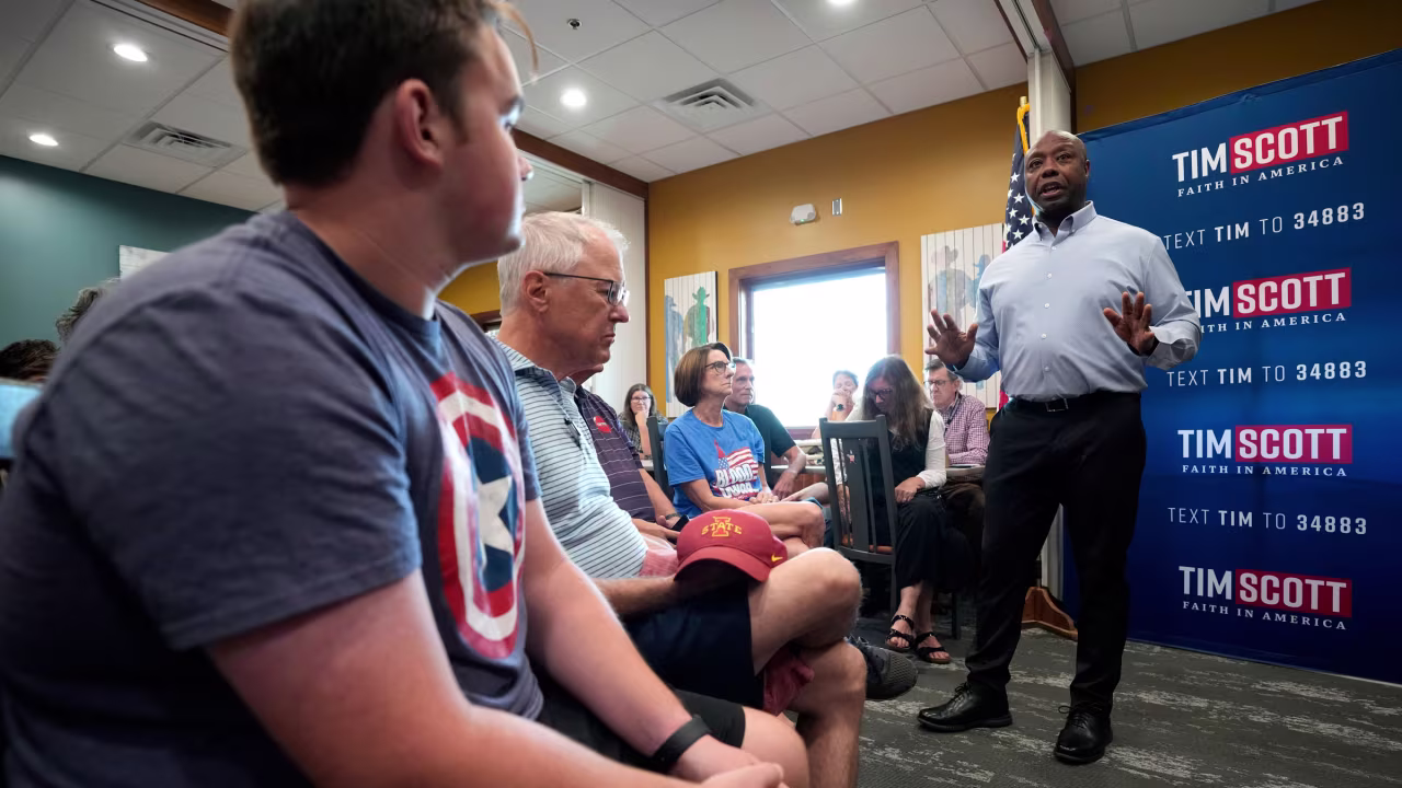 US Sen. Tim Scott, a Republican presidential candidate, speaks in Fort Dodge, Iowa, on Monday.