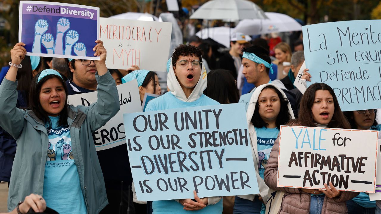 Proponents for affirmative action rally in front of the?Supreme Court on Monday.