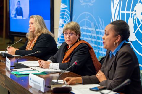 United Nations (UN) High Commissioner for Human Rights Michelle Bachelet, center, holds a news conference about a joint investigation into the year-long war in Ethiopia's northern Tigray region on November 3 in Geneva, Switzerland. On the left is Maarit Kohonen Sheriff, chief of the UN's Africa Branch, and to the right is Françoise Mianda, the UN's section chief of East and Southern Africa.