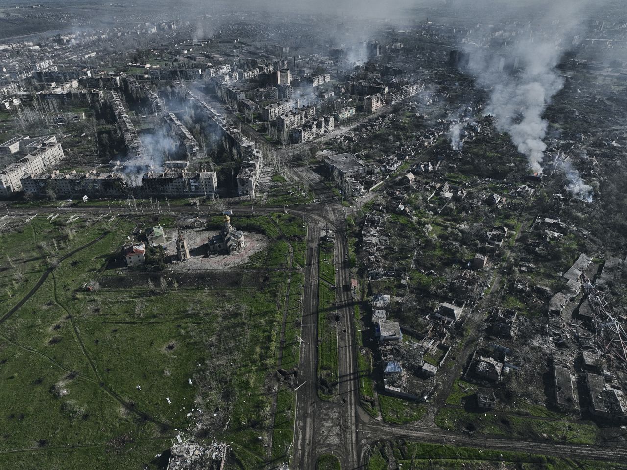 Smoke rises from buildings in this aerial view of Bakhmut in the Donetsk region, Ukraine, on April 26.
