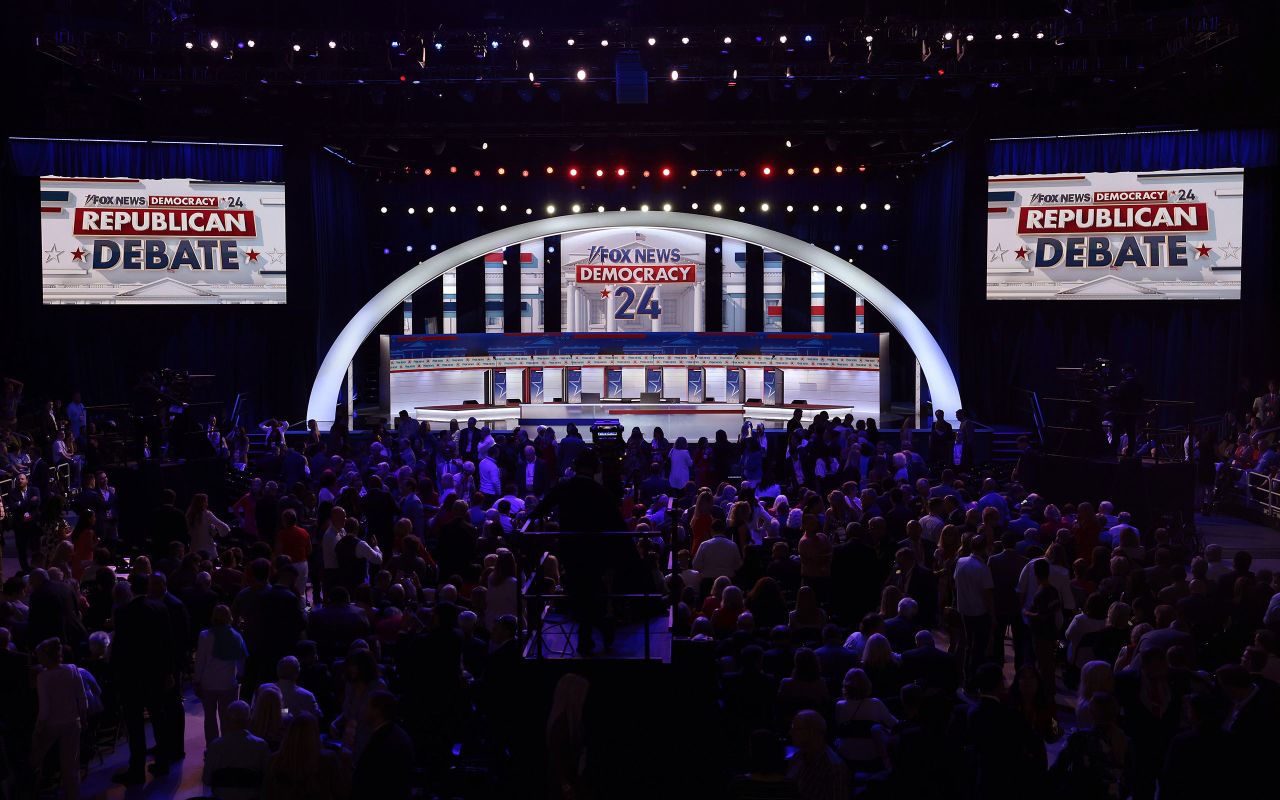 The stage is set before the FOX News Republican Presidential Debate 2023 at the Fiserv Forum on Wednesday.